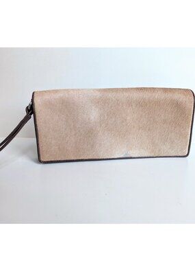 Ellen Tracy Cowhide and Soft Brown Leather Purse Wristlet Clutch 11x5"